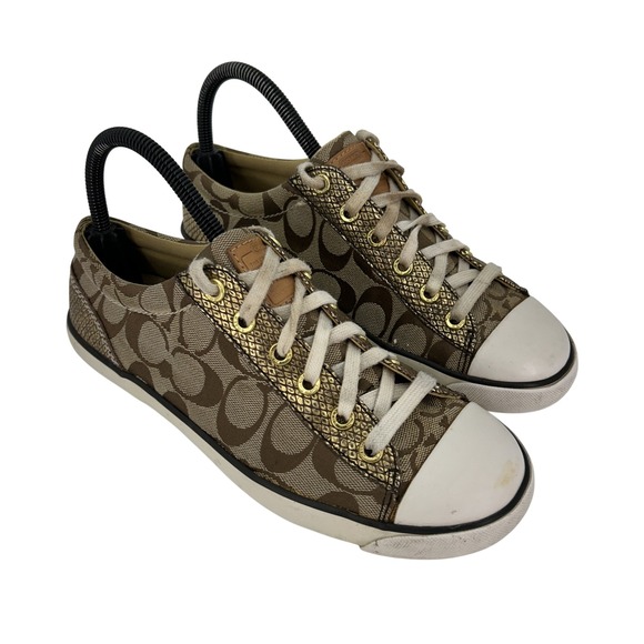 Coach Shoes - Coach Shoes Womens Size 7.5B Gema F0007‎ Gold Signature Canvas Lace Up Sneakers